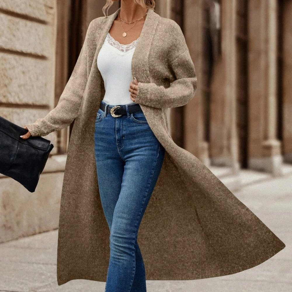 Khaki Preppy Womens Shawl Collar Drop Shoulder Duster Cardigan - Picture 3 of 5